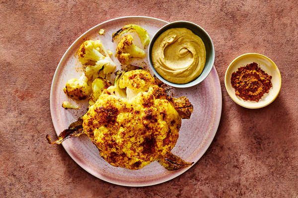 Whole Roasted Cauliflower with Curry Tahini Sauce