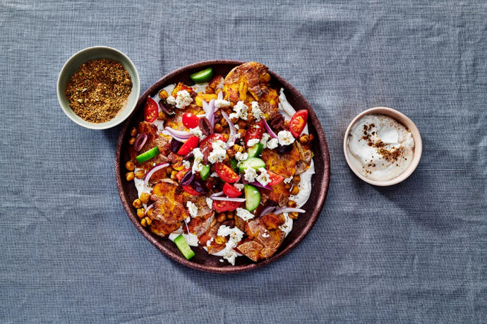 Crispy Smashed Potatoes and Chickpeas with Greek Salad