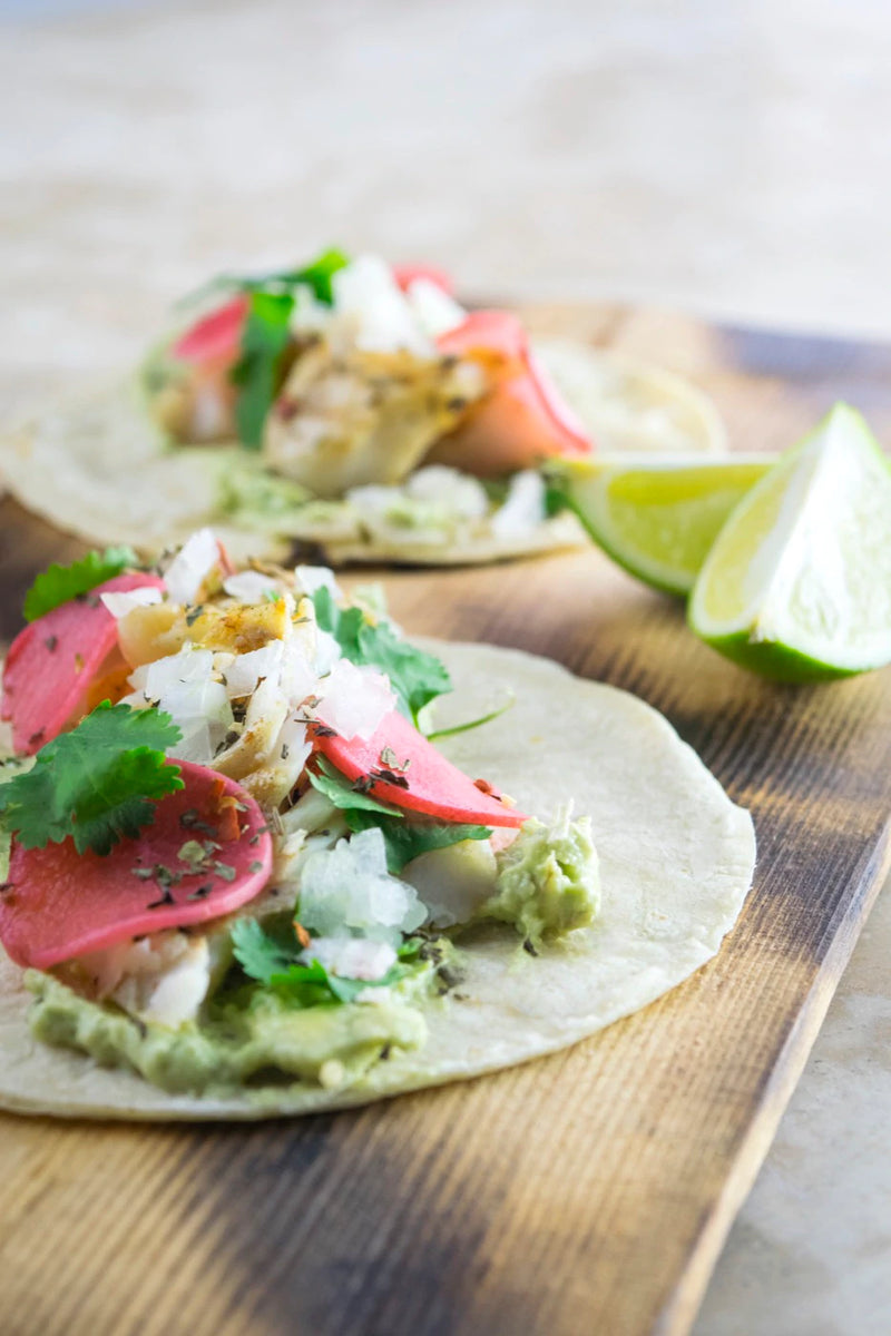 Mexican Spiced Fish Tacos with Pickled Radishes and Avocado Crema