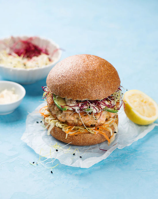 Grilled Jerk Salmon Burgers with Slaw