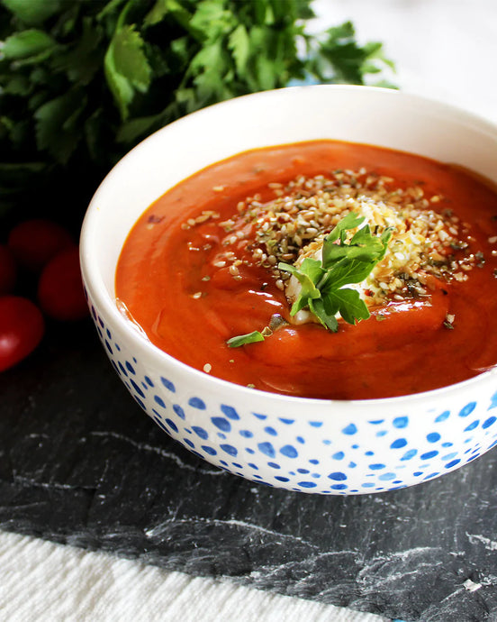 Tomato and Sweet Basil Soup with Zesty Italian Crunch Toppers