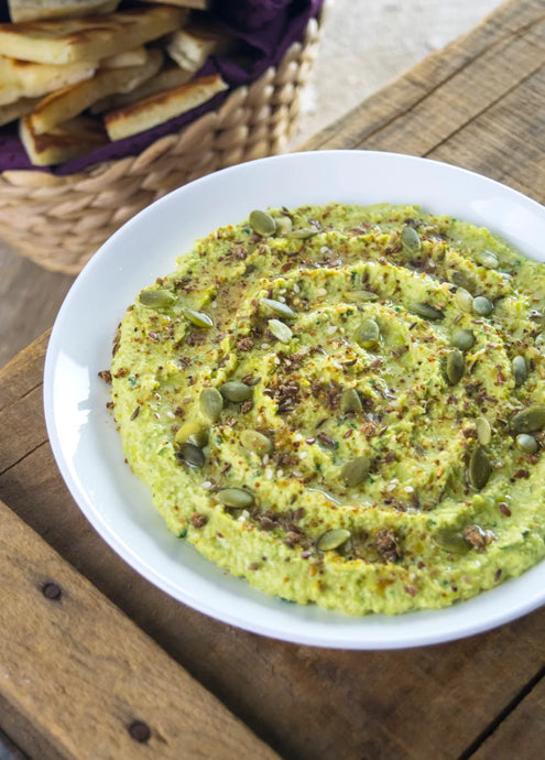 Tandoori Edamame Hummus with Seeds and Grains