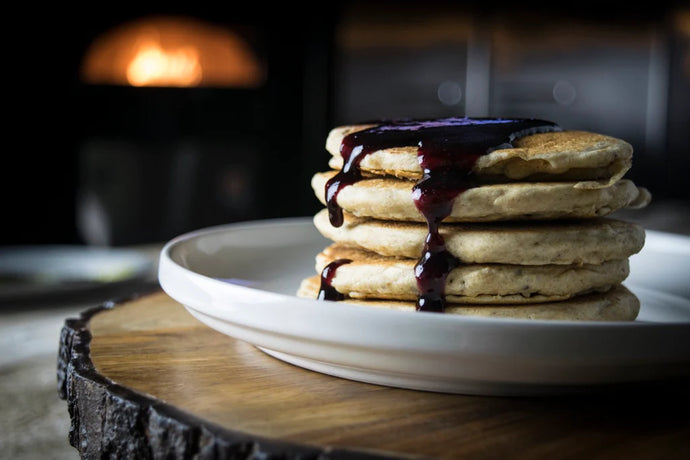 Quinoa Pancakes with Lemon Yogurt and Blueberry-Cinnamon Syrup