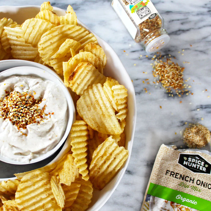 French Onion Dip with Roasted Garlic & Onion Crunch Toppers