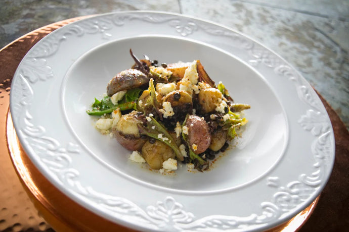 Lentil-Bay Scallop Salad with Spicy Garlic Vinaigrette and Coriander Roasted Radishes