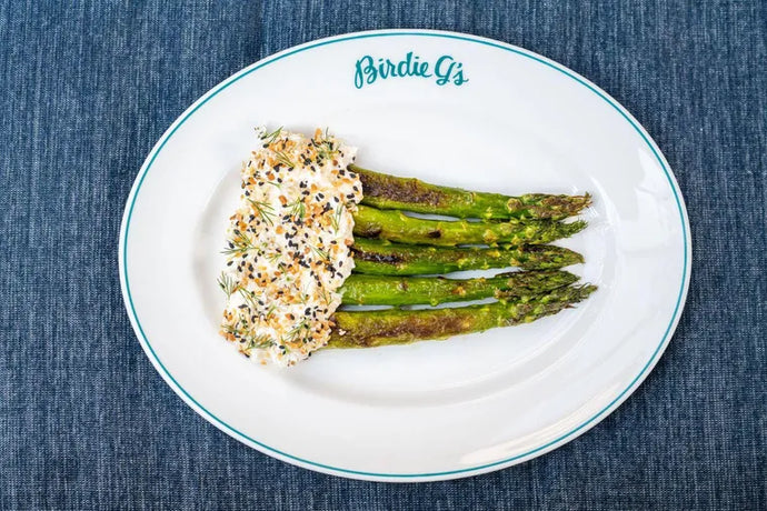 Grilled Asparagus with Horseradish Feta + Everything Bagel Crunch