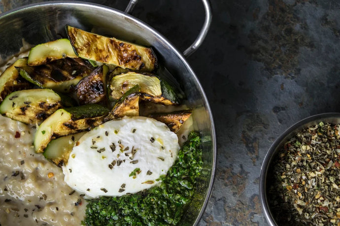 Savory Arroz con Leche with Grilled Squash, Poached Egg, and Chimichurri