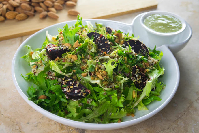 Quinoa and Frisse Salad with Szechwan Spiced Beets, Spiced Almond-Citrus Crumb, and Charred Scallion