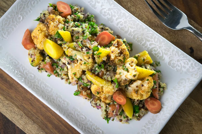 Quinoa Tabbouleh with Lemon Vinaigrette and Garlic Roasted Cauliflower and Carrots