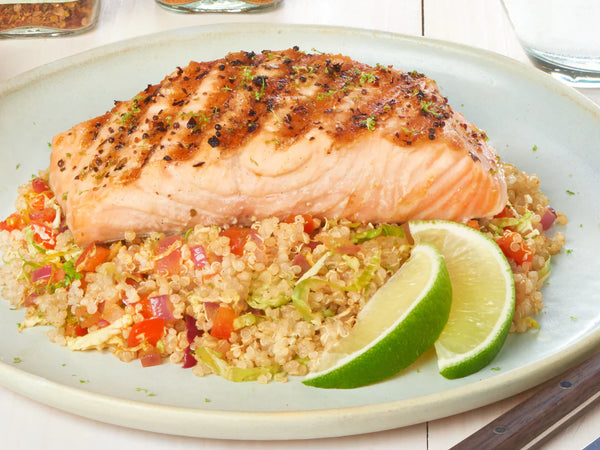 Salmon over Brussels Sprout and Quinoa Salad