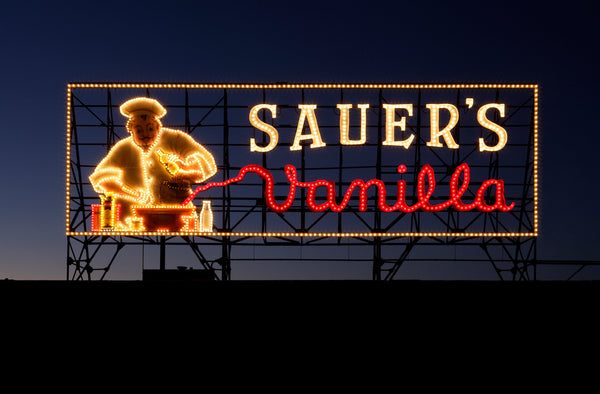 Sauer's Vanilla Sign at Night